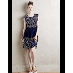 Anthropologie Navy and Cream Embroidered Dress
